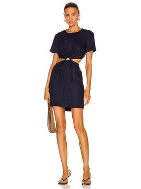 STAUD Epona Linen-Cotton Cut-Out Dress in Navy